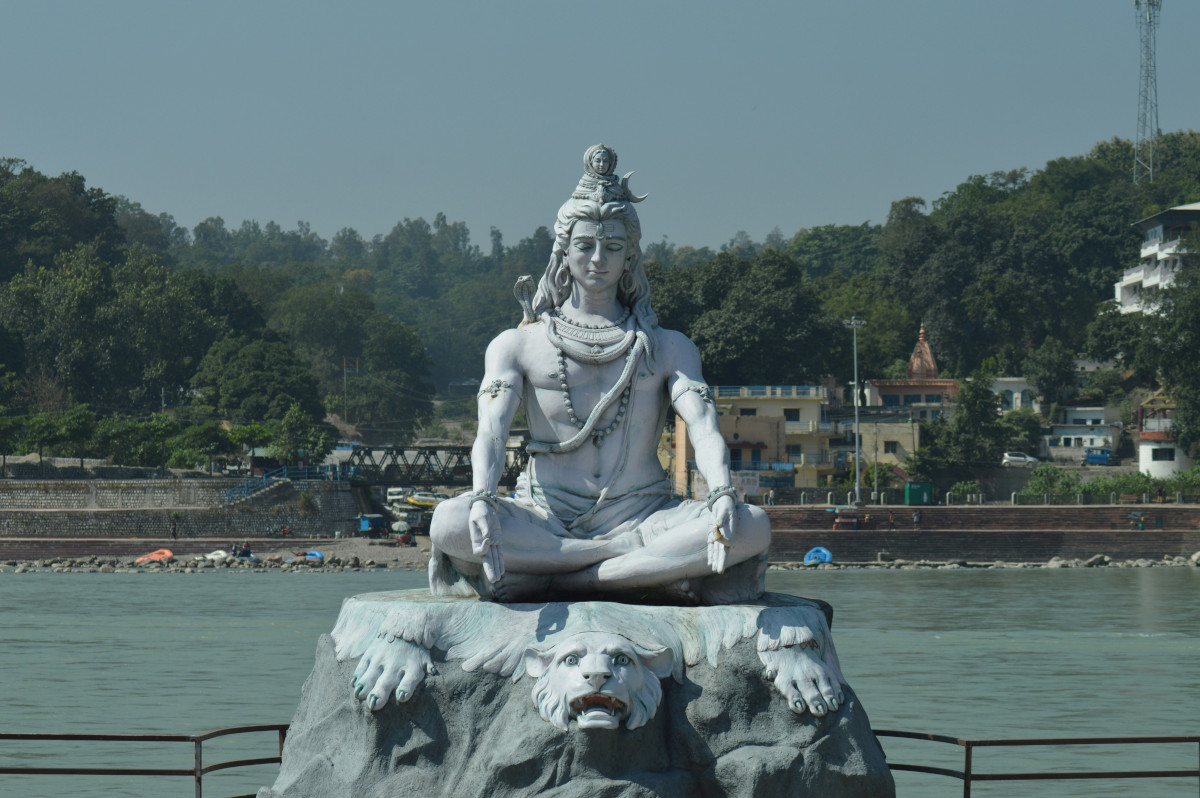 Ganges river flowing through Rishikesh with a suspension bridge
